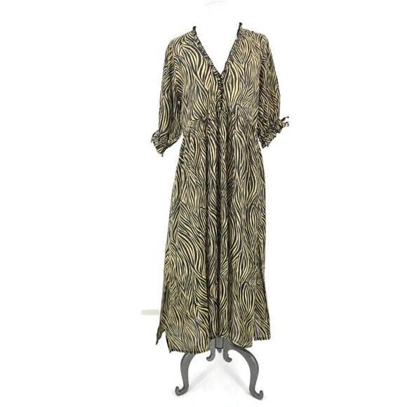 Auguste Cotton Zebra Stripe Dress Womens 4 Slits Ruffles Short Sleeve V Neck - Picture 1 of 6